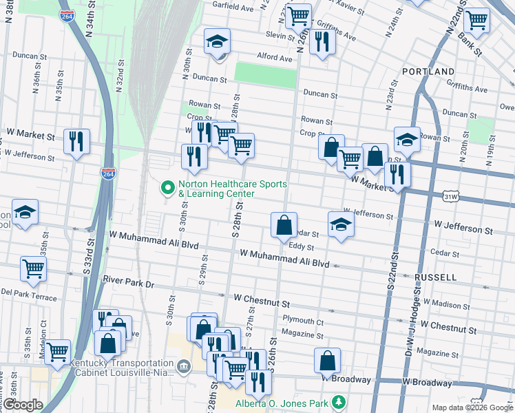 map of restaurants, bars, coffee shops, grocery stores, and more near 2712 West Jefferson Street in Louisville