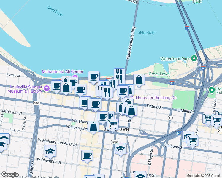 map of restaurants, bars, coffee shops, grocery stores, and more near 120 S 3rd St in Louisville