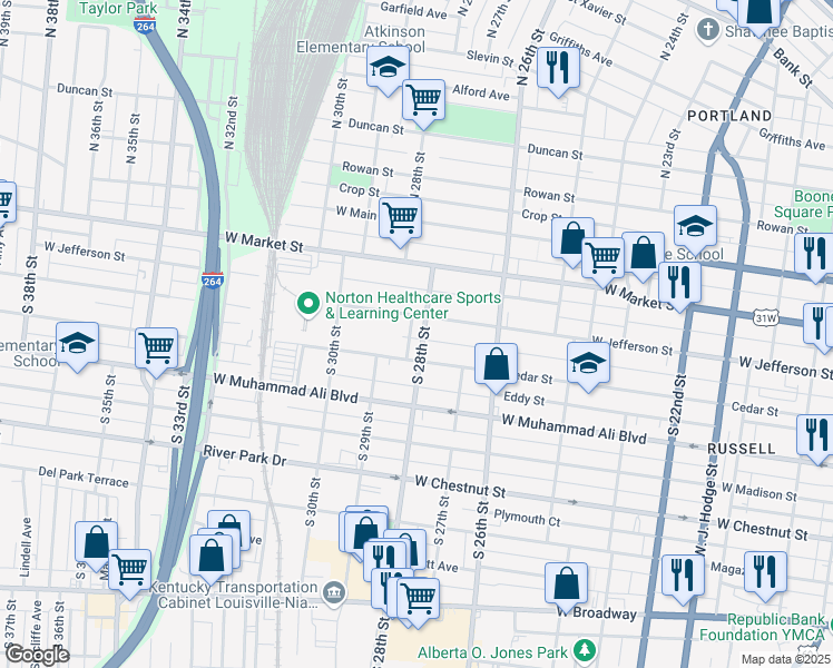 map of restaurants, bars, coffee shops, grocery stores, and more near 310 South 28th Street in Louisville