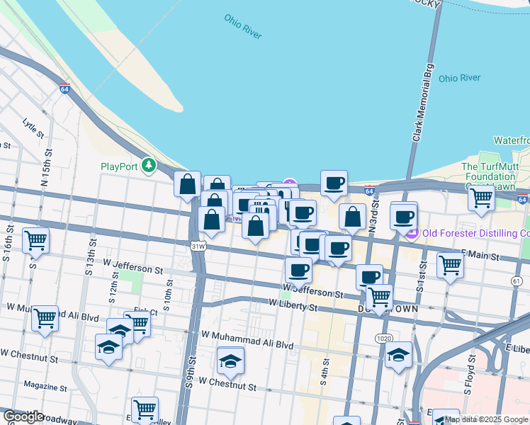 map of restaurants, bars, coffee shops, grocery stores, and more near 635 West Main Street in Louisville