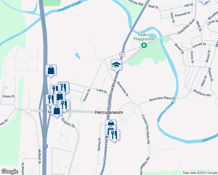 map of restaurants, bars, coffee shops, grocery stores, and more near 1059 Commercial Boulevard in Herculaneum
