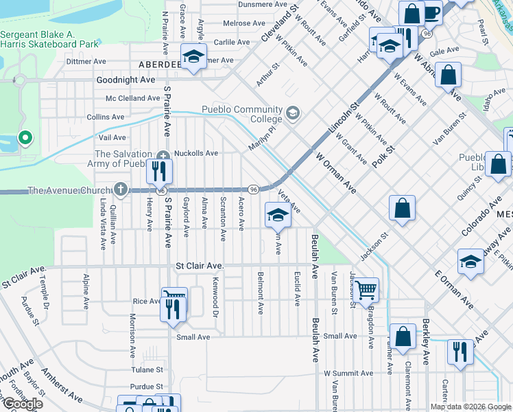 map of restaurants, bars, coffee shops, grocery stores, and more near 521 Belmont Avenue in Pueblo