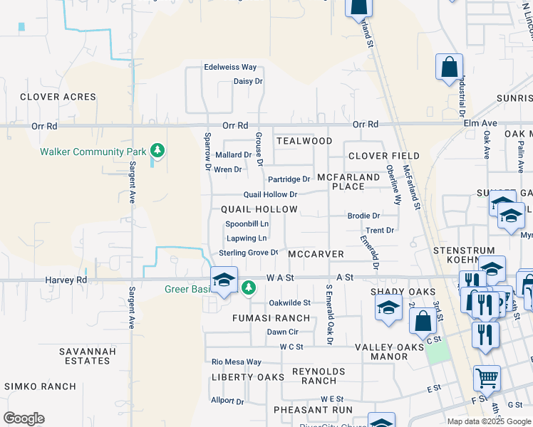 map of restaurants, bars, coffee shops, grocery stores, and more near 207 Spoonbill Lane in Galt