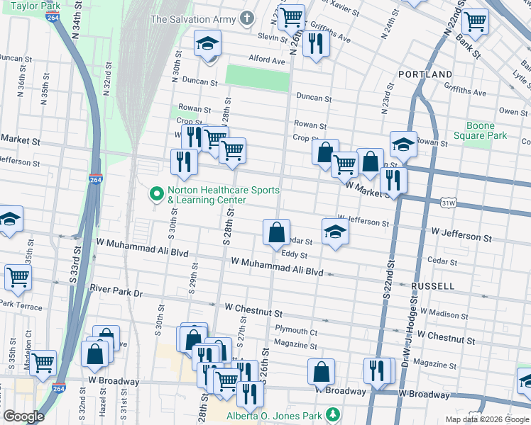 map of restaurants, bars, coffee shops, grocery stores, and more near 345 South 26th Street in Louisville
