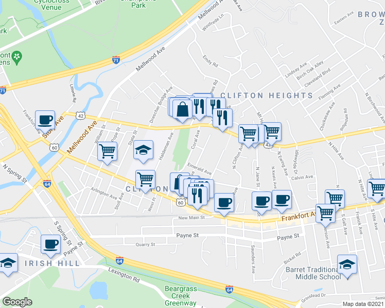 map of restaurants, bars, coffee shops, grocery stores, and more near 177 Coral Avenue in Louisville