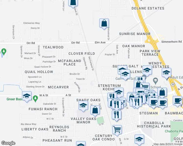 map of restaurants, bars, coffee shops, grocery stores, and more near 228 McFarland Street in Galt