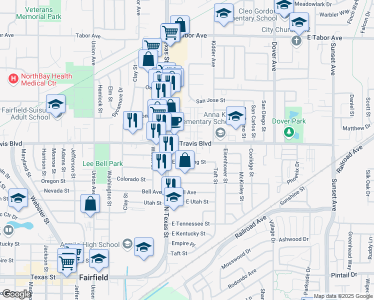 map of restaurants, bars, coffee shops, grocery stores, and more near 219 East Travis Boulevard in Fairfield
