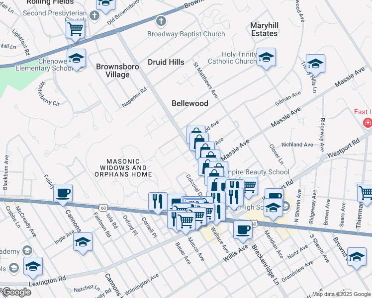 map of restaurants, bars, coffee shops, grocery stores, and more near 3829 Elmwood Avenue in Louisville