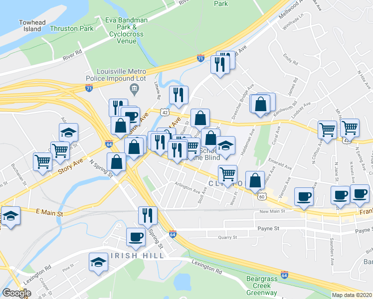 map of restaurants, bars, coffee shops, grocery stores, and more near in Louisville