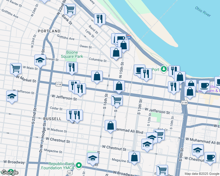 map of restaurants, bars, coffee shops, grocery stores, and more near 1523 West Market Street in Louisville