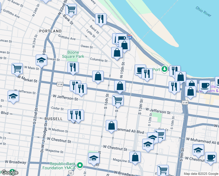 map of restaurants, bars, coffee shops, grocery stores, and more near 1523 West Market Street in Louisville