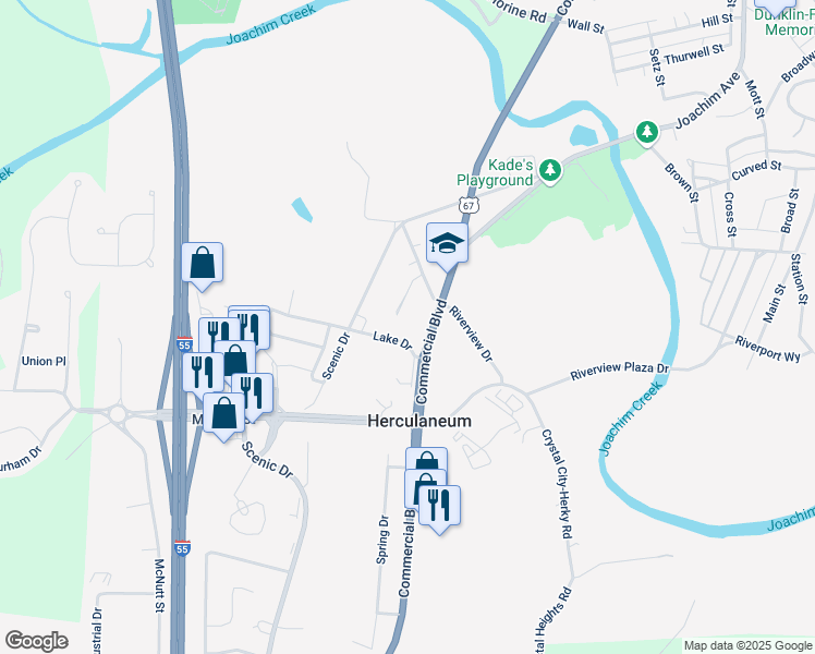 map of restaurants, bars, coffee shops, grocery stores, and more near 1059 Commercial Boulevard in Herculaneum