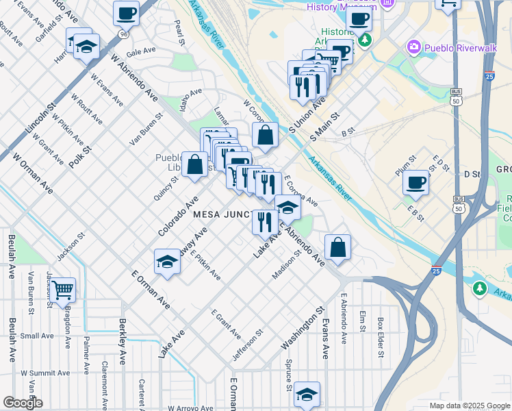 map of restaurants, bars, coffee shops, grocery stores, and more near 225 East Abriendo Avenue in Pueblo