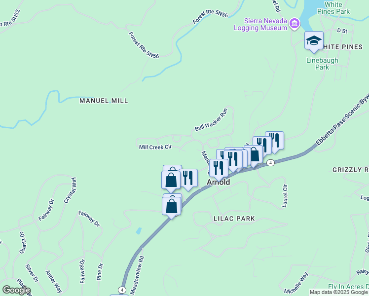 map of restaurants, bars, coffee shops, grocery stores, and more near 1008 Manuel Road in Arnold