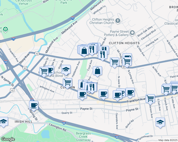map of restaurants, bars, coffee shops, grocery stores, and more near 177 Coral Avenue in Louisville