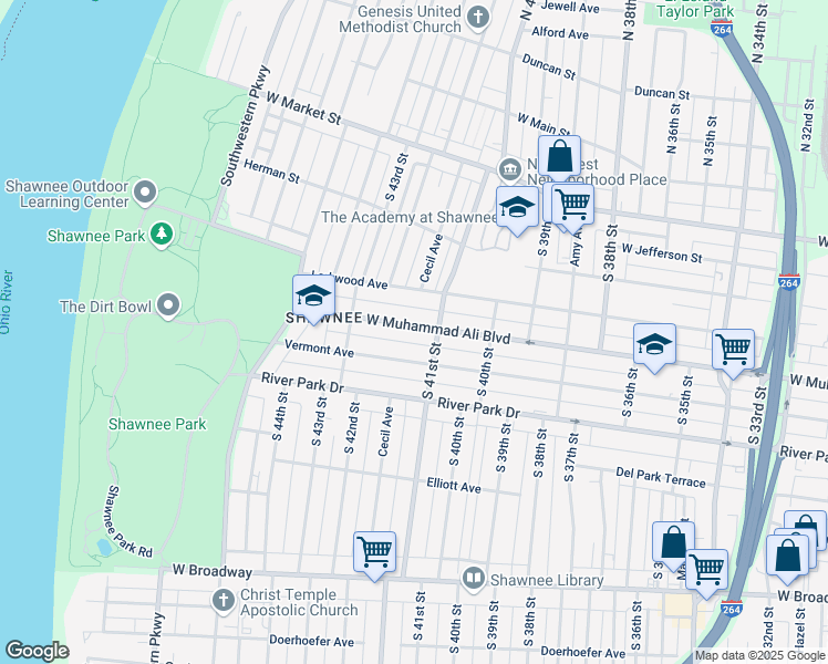 map of restaurants, bars, coffee shops, grocery stores, and more near 4114 West Muhammad Ali Boulevard in Louisville