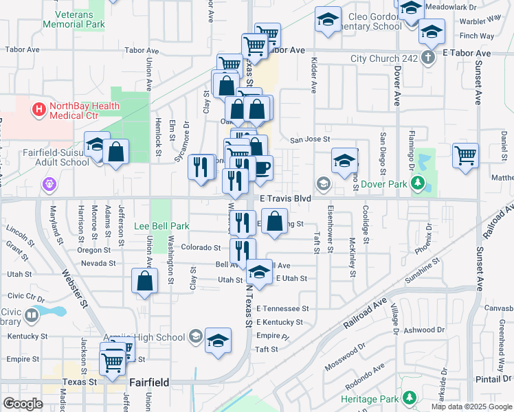map of restaurants, bars, coffee shops, grocery stores, and more near 1468 North Texas Street in Fairfield