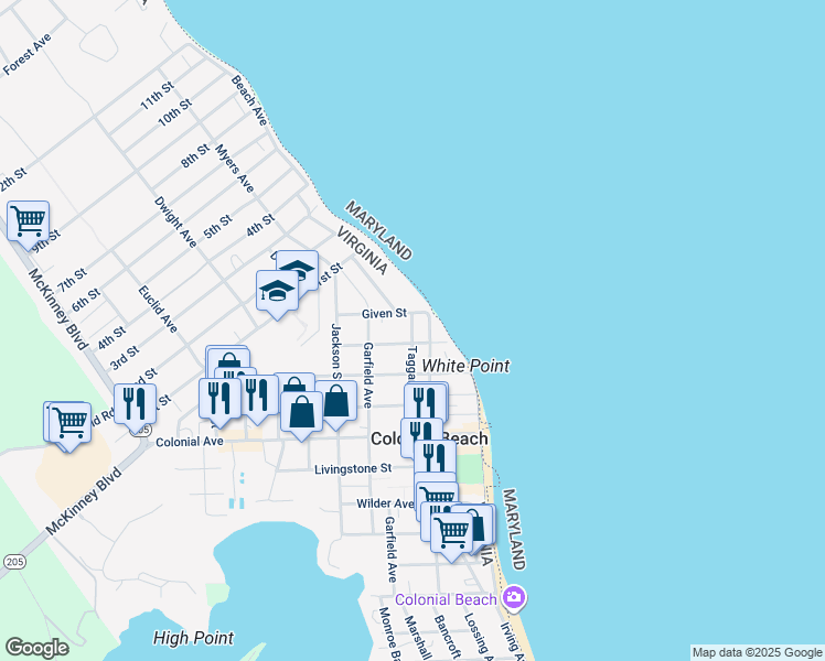 map of restaurants, bars, coffee shops, grocery stores, and more near 812 Taggart Street in Colonial Beach
