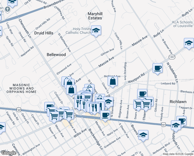 map of restaurants, bars, coffee shops, grocery stores, and more near 244 Clover Lane in Louisville
