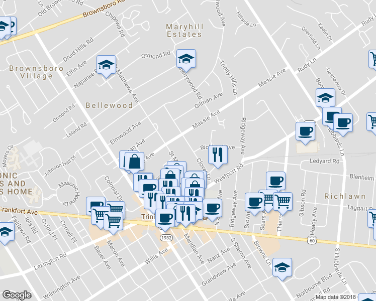 map of restaurants, bars, coffee shops, grocery stores, and more near 244 Clover Lane in Louisville