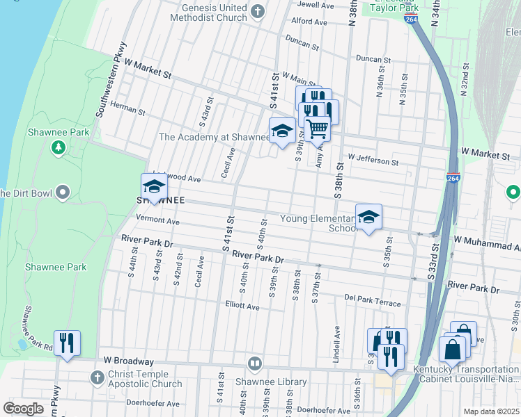 map of restaurants, bars, coffee shops, grocery stores, and more near 4005 West Muhammad Ali Boulevard in Louisville