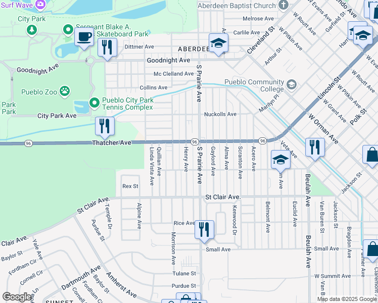 map of restaurants, bars, coffee shops, grocery stores, and more near 516 Henry Avenue in Pueblo
