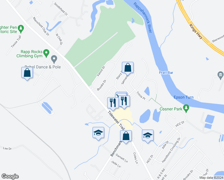 map of restaurants, bars, coffee shops, grocery stores, and more near 2702 McKenzie Lane in Fredericksburg