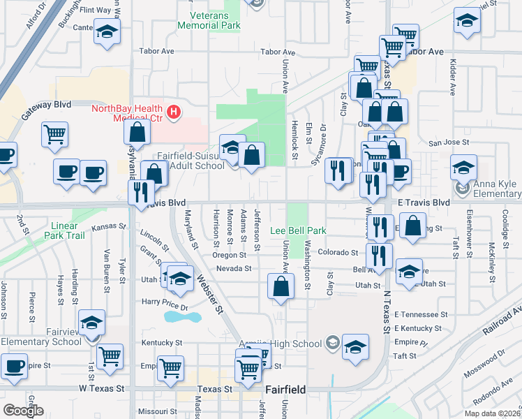 map of restaurants, bars, coffee shops, grocery stores, and more near 615 Travis Boulevard in Fairfield