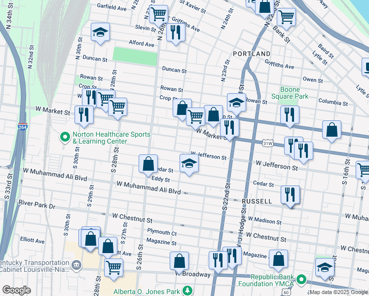 map of restaurants, bars, coffee shops, grocery stores, and more near 2334 West Jefferson Street in Louisville
