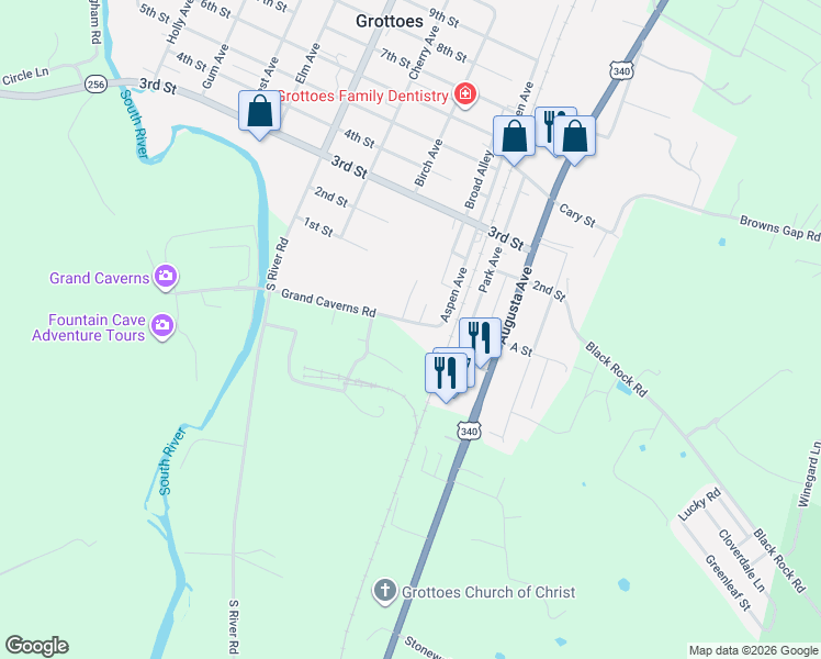 map of restaurants, bars, coffee shops, grocery stores, and more near 103 Caverns Boulevard in Grottoes