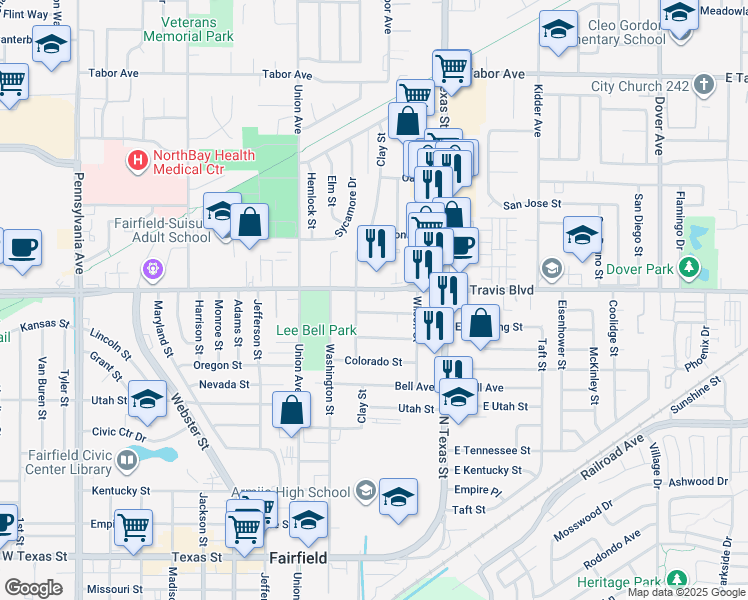 map of restaurants, bars, coffee shops, grocery stores, and more near 348 Arizona Street in Fairfield