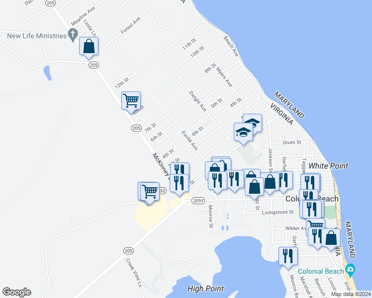 map of restaurants, bars, coffee shops, grocery stores, and more near 313 3rd Street in Colonial Beach