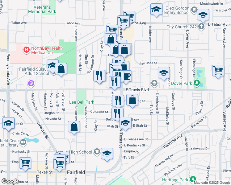 map of restaurants, bars, coffee shops, grocery stores, and more near 1501 Wilson Street in Fairfield