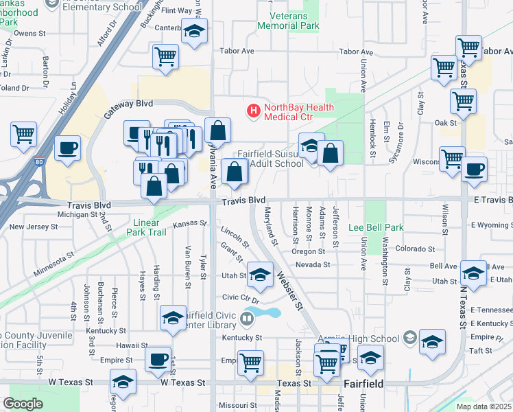 map of restaurants, bars, coffee shops, grocery stores, and more near 1555 Webster Street in Fairfield