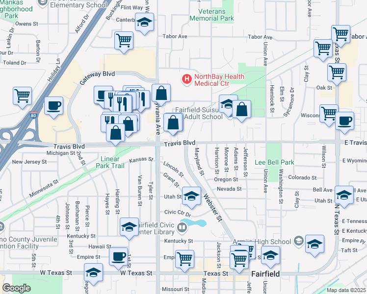 map of restaurants, bars, coffee shops, grocery stores, and more near 1555 Webster Street in Fairfield