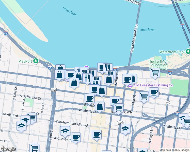 map of restaurants, bars, coffee shops, grocery stores, and more near Montpelier Court in Louisville