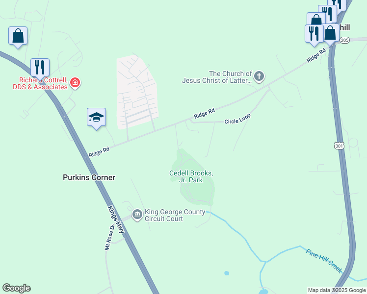 map of restaurants, bars, coffee shops, grocery stores, and more near 11193 Henry Griffin Road in King George