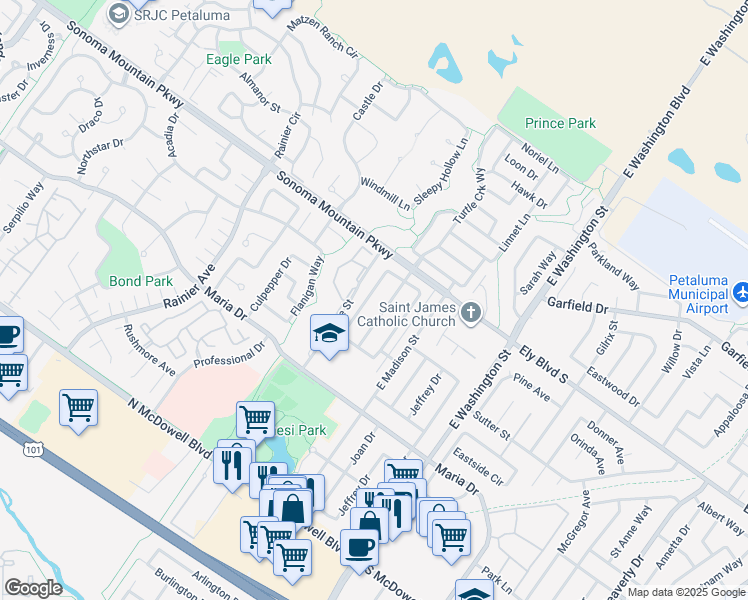 map of restaurants, bars, coffee shops, grocery stores, and more near 1708 Wynoochee Way in Petaluma