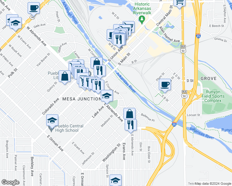 map of restaurants, bars, coffee shops, grocery stores, and more near 342 East Corona Avenue in Pueblo