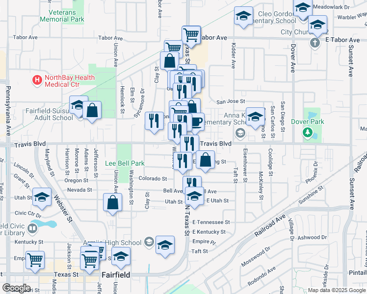 map of restaurants, bars, coffee shops, grocery stores, and more near 1468 North Texas Street in Fairfield