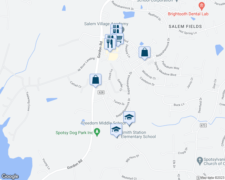 map of restaurants, bars, coffee shops, grocery stores, and more near 10039 Gander Court in Fredericksburg