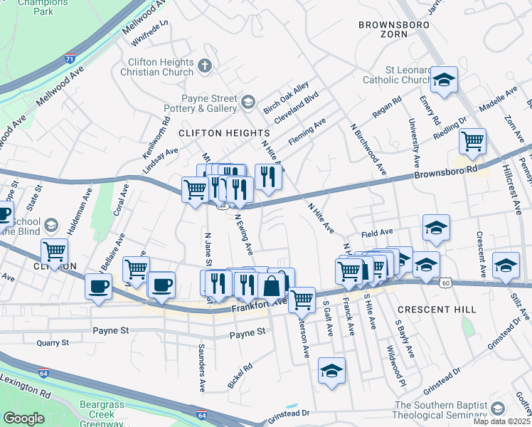 map of restaurants, bars, coffee shops, grocery stores, and more near 2429 North Peterson Court in Louisville