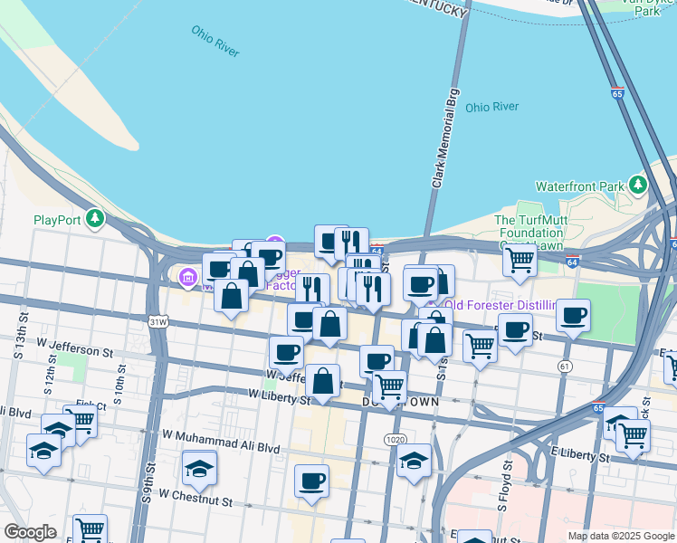 map of restaurants, bars, coffee shops, grocery stores, and more near 144 North Fourth Street in Louisville