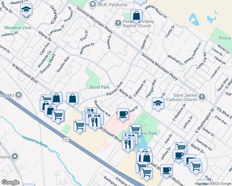 map of restaurants, bars, coffee shops, grocery stores, and more near 334 Park Place Drive in Petaluma