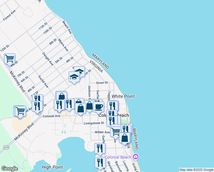 map of restaurants, bars, coffee shops, grocery stores, and more near 812 Taggart Street in Colonial Beach