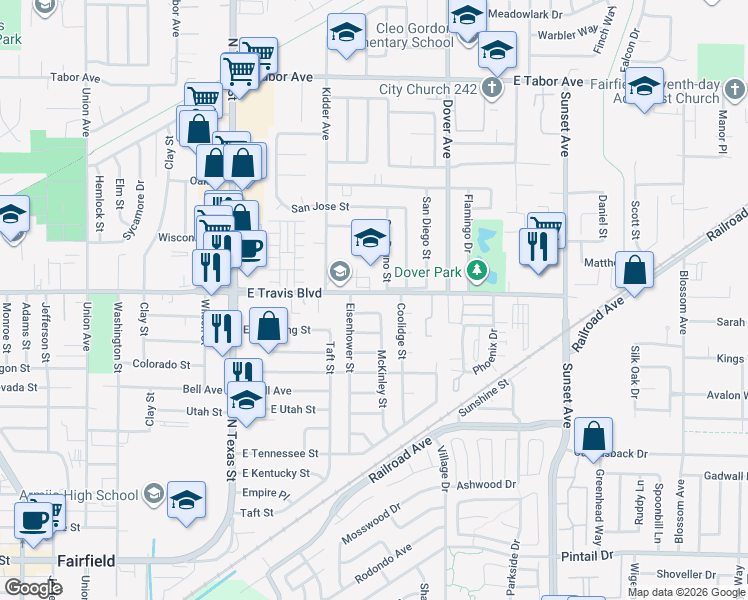 map of restaurants, bars, coffee shops, grocery stores, and more near 525 East Travis Boulevard in Fairfield