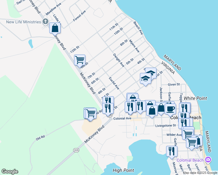 map of restaurants, bars, coffee shops, grocery stores, and more near 316 4th Street in Colonial Beach