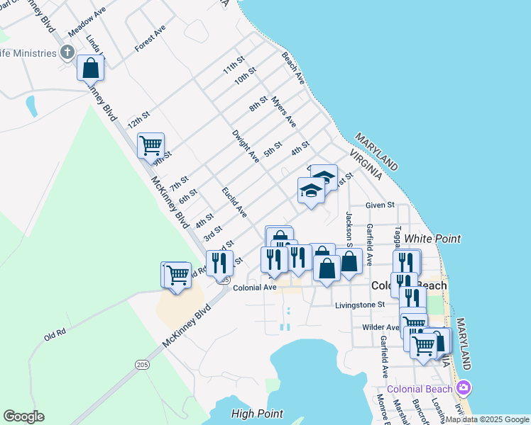 map of restaurants, bars, coffee shops, grocery stores, and more near 211 2nd Street in Colonial Beach