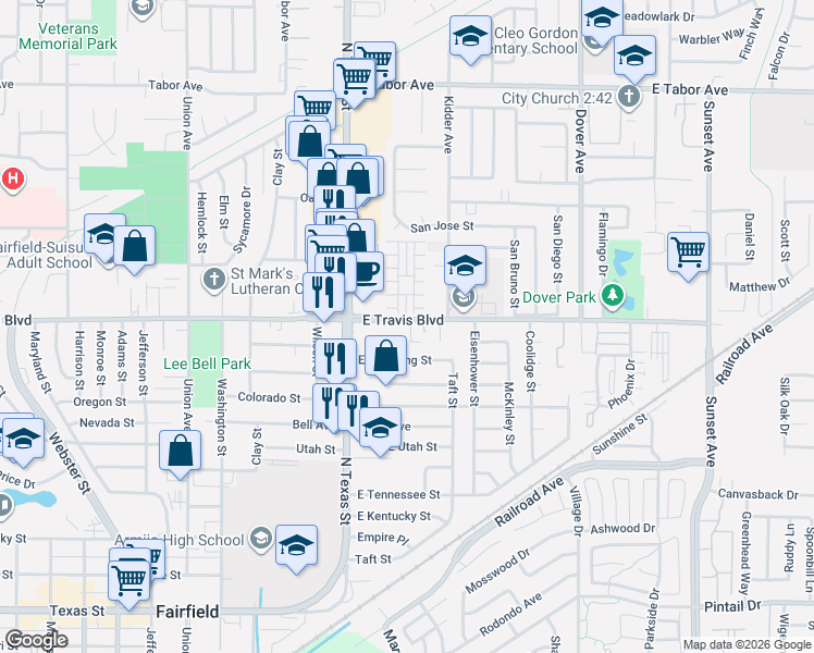 map of restaurants, bars, coffee shops, grocery stores, and more near 219 East Travis Boulevard in Fairfield