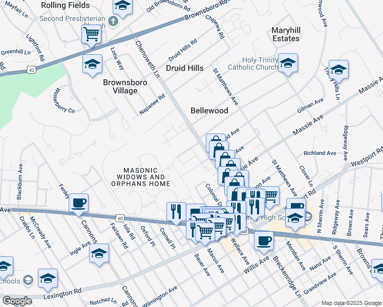 map of restaurants, bars, coffee shops, grocery stores, and more near 3829 Elmwood Avenue in Louisville